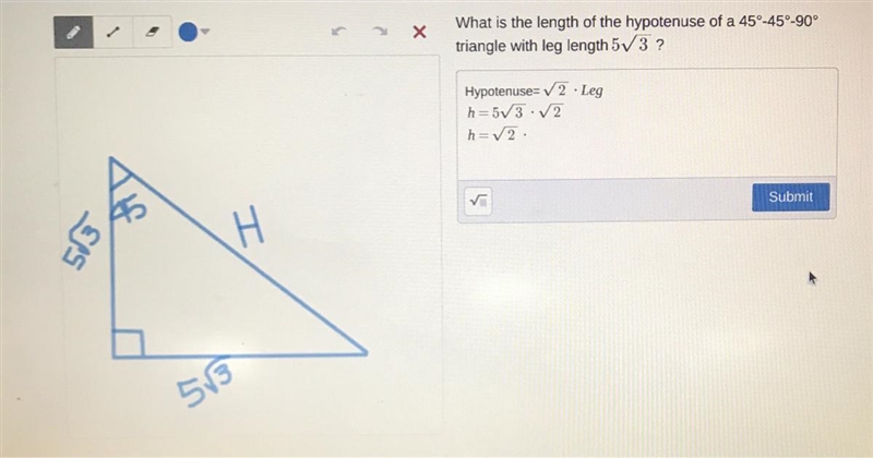 ХWhat is the length of the hypotenuse of a 45°-45°-904triangle with leg length 573 ?Hypotenuse-example-1