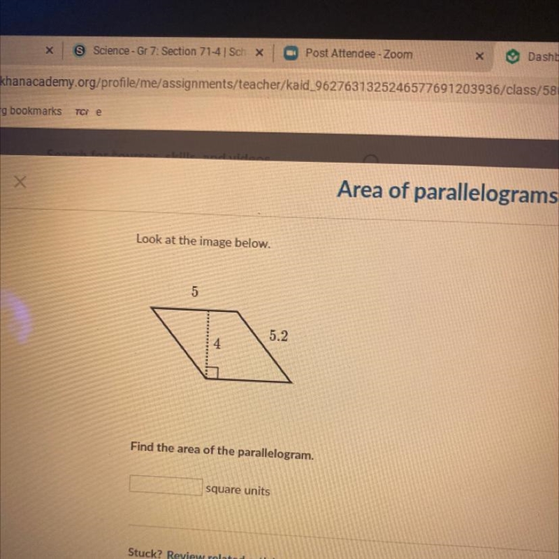 5 5.2 4 Find the area of the parallelogram. square units-example-1