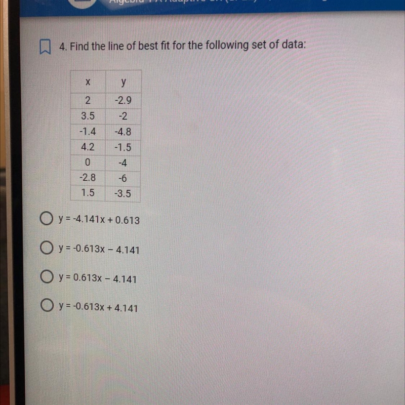 A 4. Find the line of best fit for the following set of data:у> N-2.923.5-1.44.2x-example-1