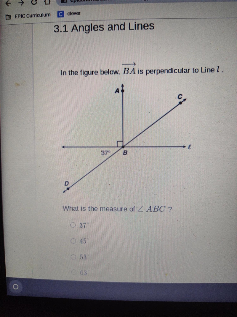 In the figure below, BA is perpendicular to Line I. 37 B What is the measure of Z-example-1