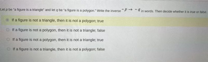 Let p be a figure is a triangle and let a be a figure is a polygon. Write the inverse-example-1