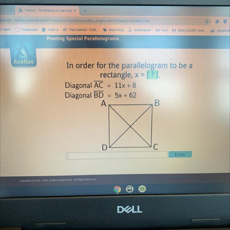 AcellusIn order for the parallelogram to be arectangle, x = [?].Diagonal AC 11x + 8Diagonal-example-1