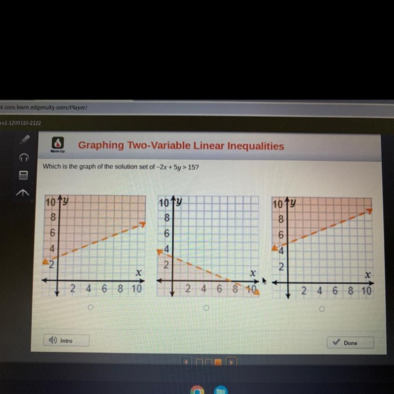 Which is the graph of the solution set of -2x + 5y > 15?10 1310 138896421OT810x-example-1