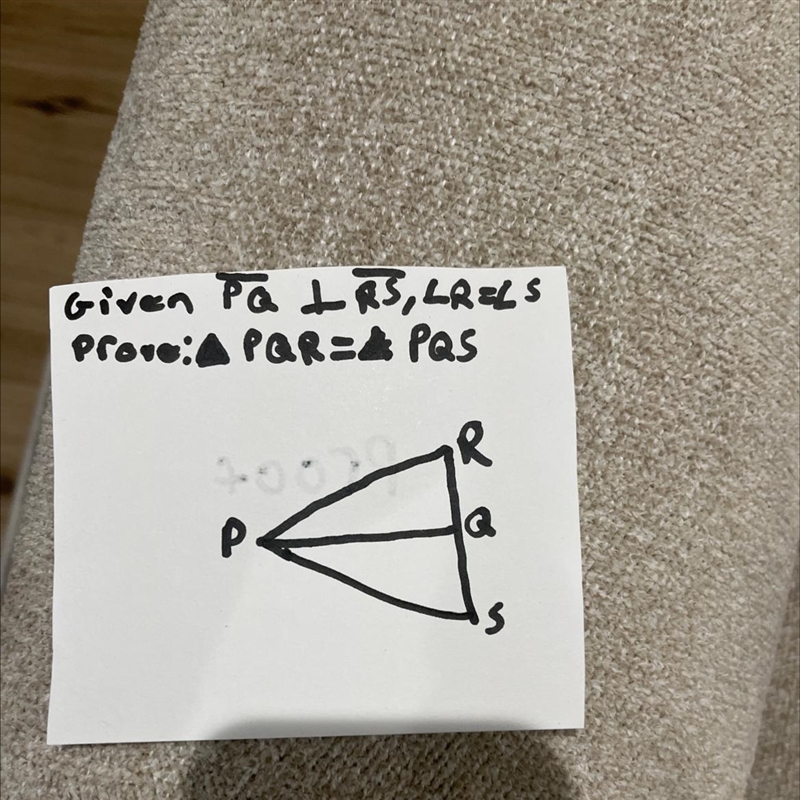 Given line PQ bisects line RS, LR=LS Prove: Triangle PQR= Triangle PQS-example-1