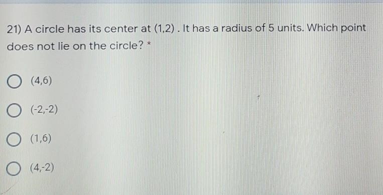 a circle has its center at (1,2). it has a radius of 5 units. which point does not-example-1