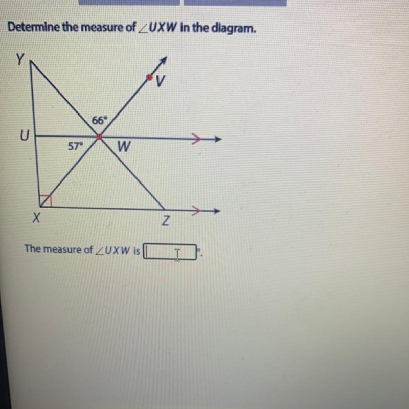 Determine the measure of LUXW in the diagram. Y 66° U W X The measure of LUXW is 57° Z-example-1