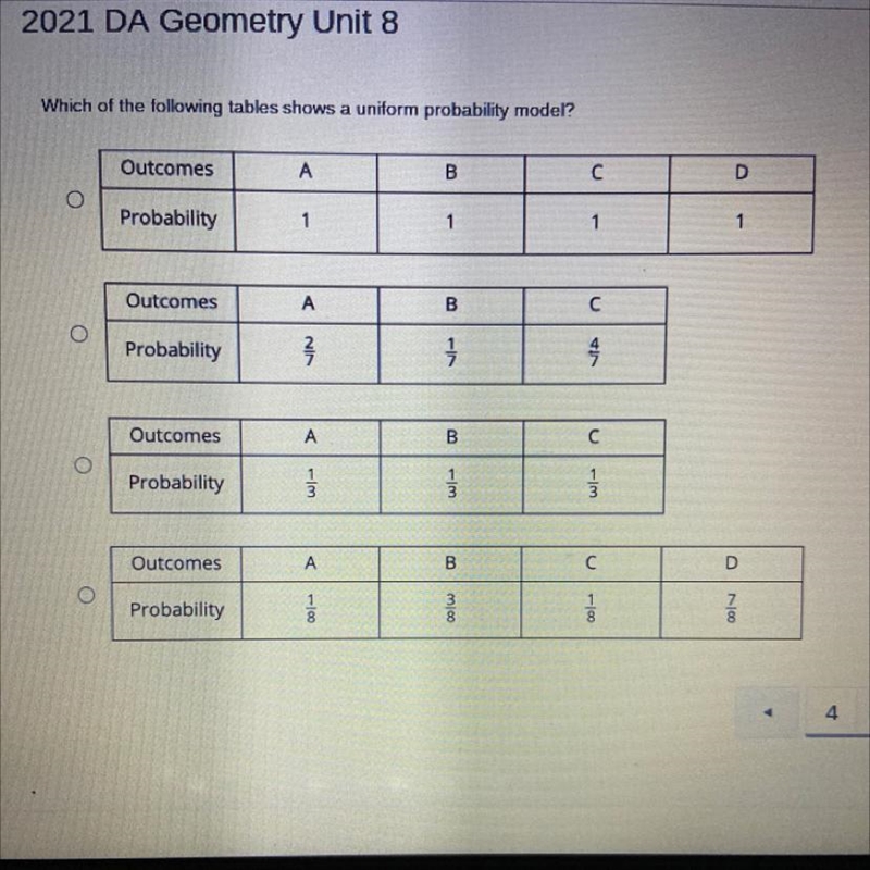 Which of the following tables shows a uniform probability model?-example-1