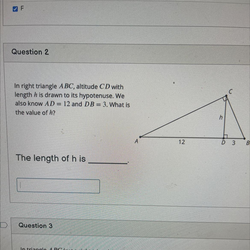 In right triangle ABC, altitude CD with length h is drawn to its hypotenuse. We also-example-1