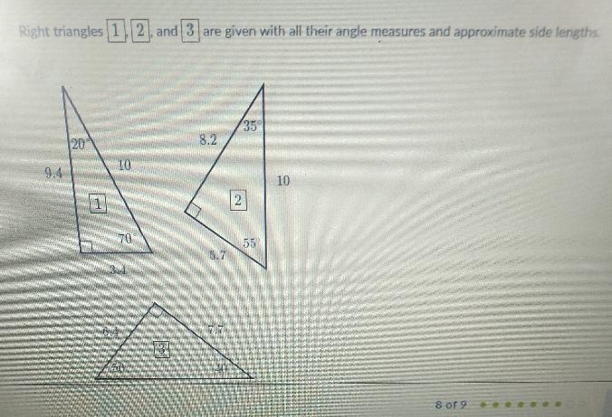 Right triangles 12 and 3 are given with all their angle measures and approximate side-example-1