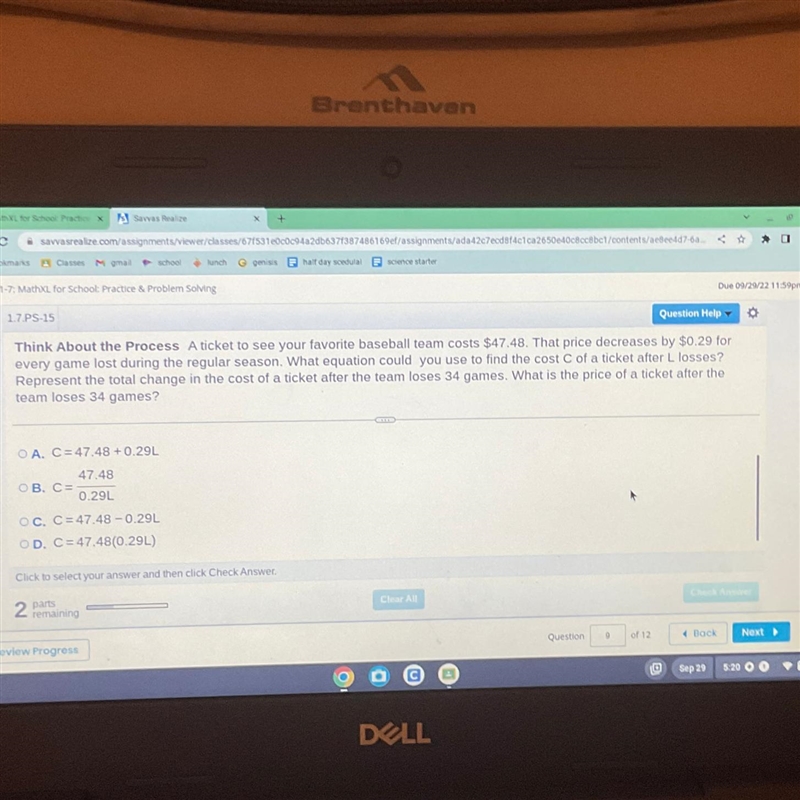 Which equation would be used to find the cost C of a ticket after L losses? PLS HELPP-example-1