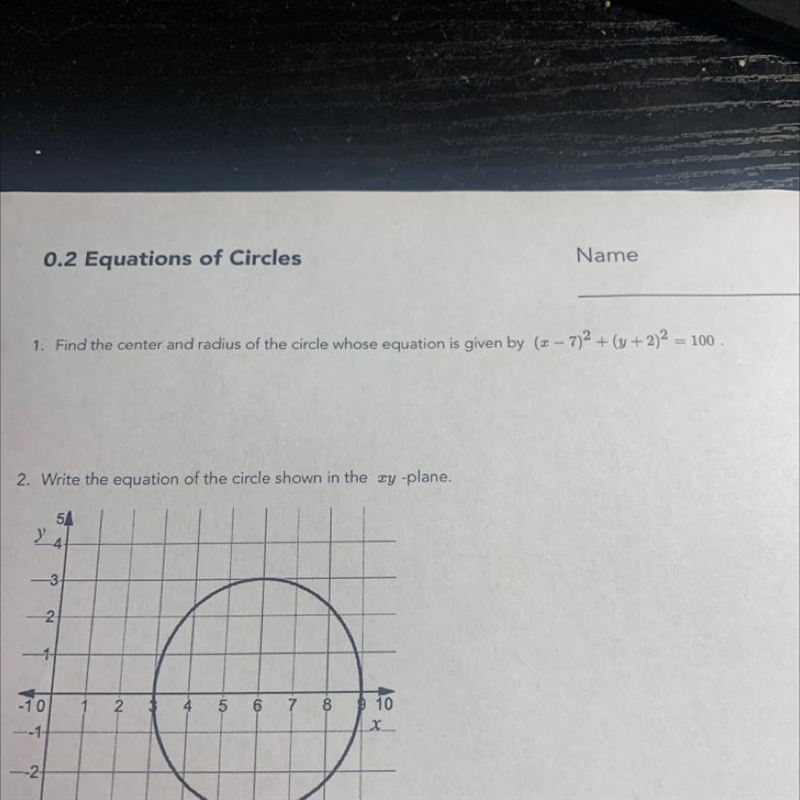 Find the center and radius of the circle whose equation is given by (-7)2(y+2)2-100.-example-1