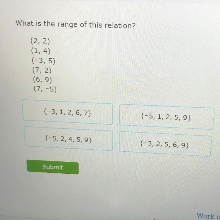 What is the range of this relation? (2, 2) (1, 4) (-3,5) (7, 2) (6, 9) (7,-5) {-3, 1, 2, 6, 7} {-5, 1, 2, 5, 9} {-5, 2, 4, 5,9} {-3, 2, 5, 6, 9}-example-1