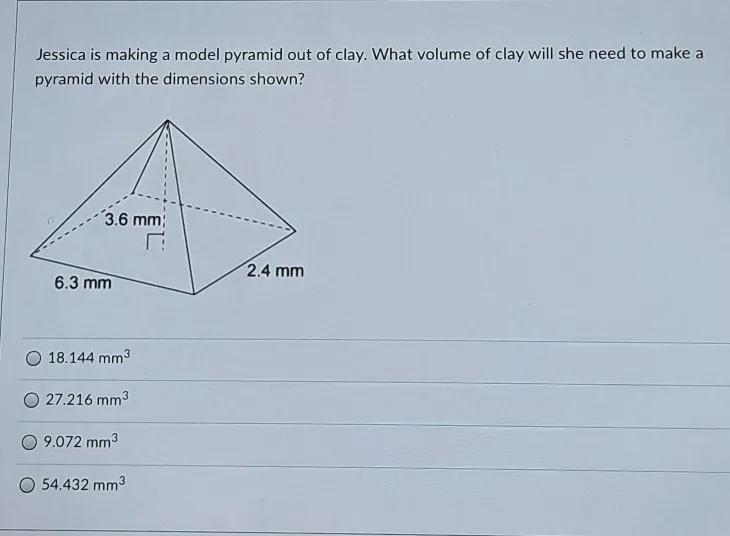 Jessica is making a model pyramid out of clay.What volume of clay will...........-example-1