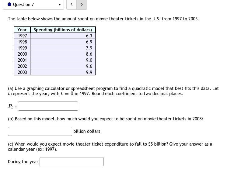 7. The table below shows the amount spent on movie theater tickets in the U.S. from-example-1