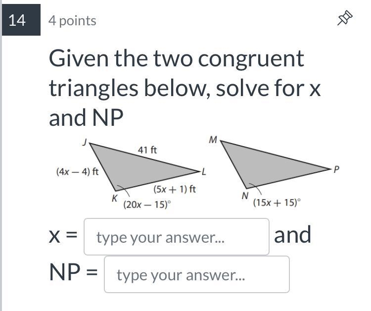 Solve for X and NP given the two congruent triangles below-example-1