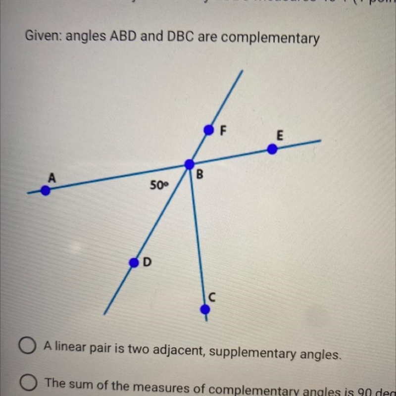 Which statement justifies why DBC measures 40°? (1 point) Given: angles ABD and DBC-example-1