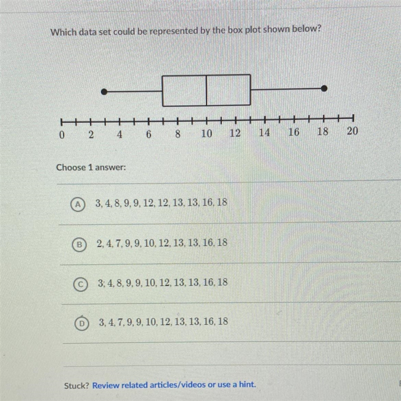 Which data set could be represented by the box plot shown below?-example-1