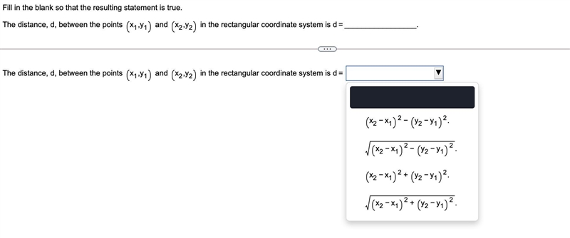 Fill in the blank so that the resulting statement is true.The distance, d, between-example-1