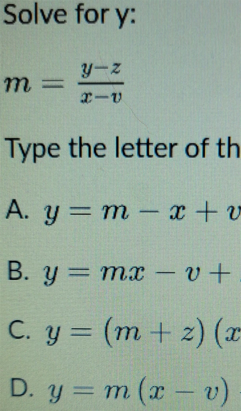 Solve for y. m=y-z/x-u​-example-1