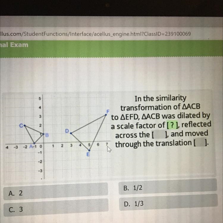 In the similarity transformation of ABC to EFD, ABC was dilated by a scale factor-example-1