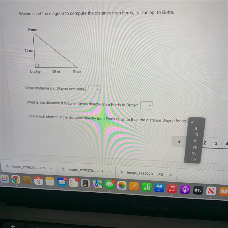 Wayne used the diagram to compute the distance from Ferris, to Dunlap, to Butte.FerrisDunlap-example-1