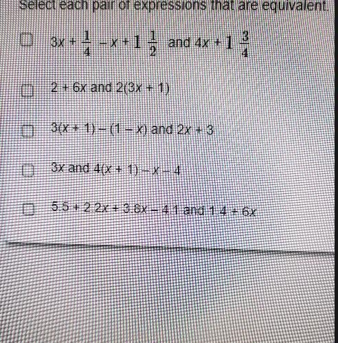 Select each pair of expressions that are equivalent. 03x+ -x+1 } and 4x + 1 3 2 + 6x-example-1