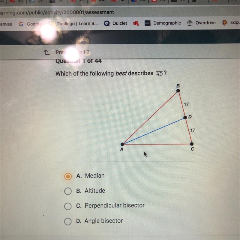 Which of the following best describes AD?17D17сA. MedianB. AltitudeC. Perpendicular-example-1