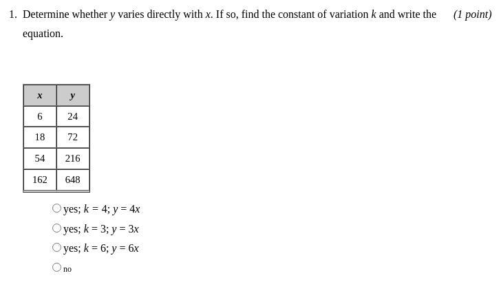 Determine whether y varies directly with x. If so, find the constant of variation-example-1