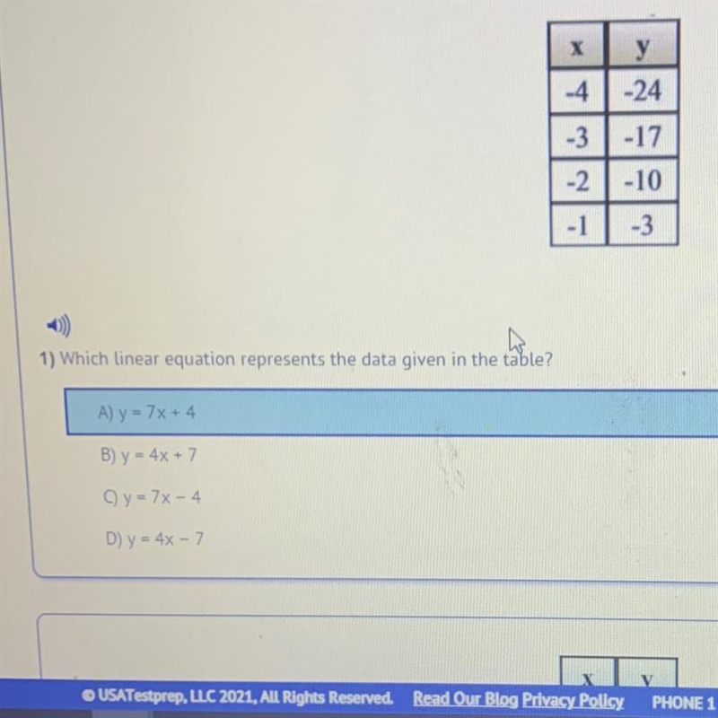 У -4 -24 -3 -17 -2-10 -1 -3 Which linear equation represents the data given in the-example-1