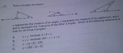 three triangles are shown x represents the measure of the angle,y represents the measurement-example-1