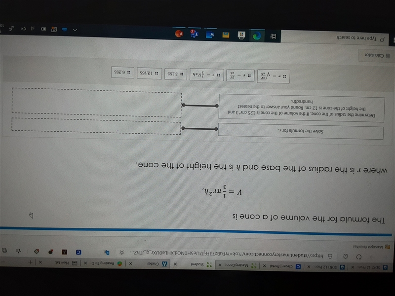 The formula for the volume of a cone is equal v=1/3\pir²h,-example-1