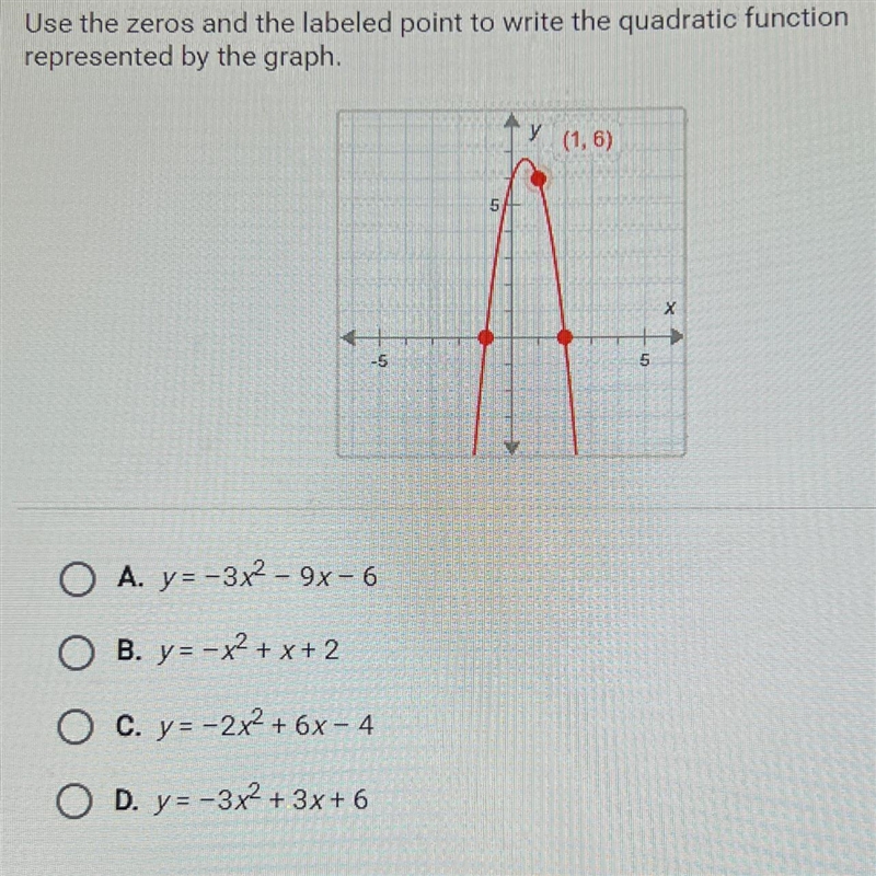 Use the zeros and the labeled point to write the quadratic functionrepresented by-example-1