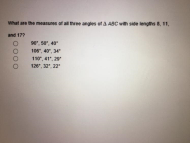 What are the measures of all three anglesA ABC with side lengths 8, 11,and 17?-example-1