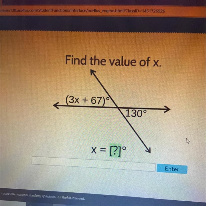 Find the value of x. (3x + 67) 130° 记 x = [?]° Enter-example-1