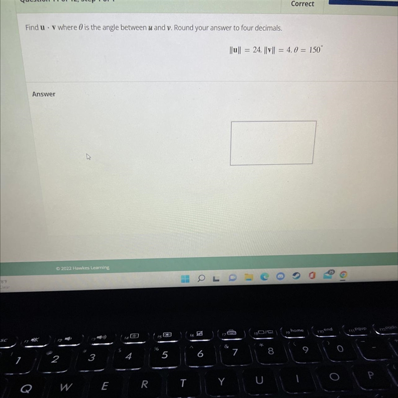 where 0 is the angle between u and v.Round your answer to four decimals.||u|l = 24. ||v-example-1