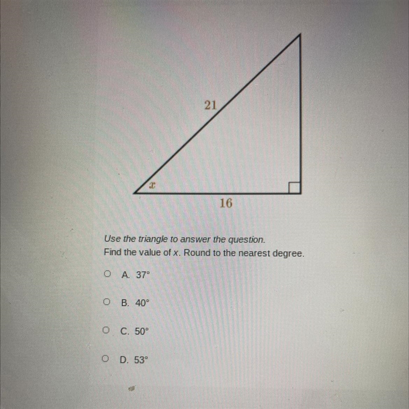 Use the triangle to answer the question.Find the value of x. Round to the nearest-example-1