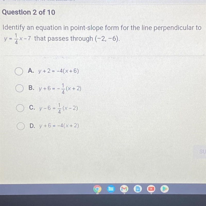 Identify an equation in point-slope form for the line perpendicular toy = 1x-7 that-example-1