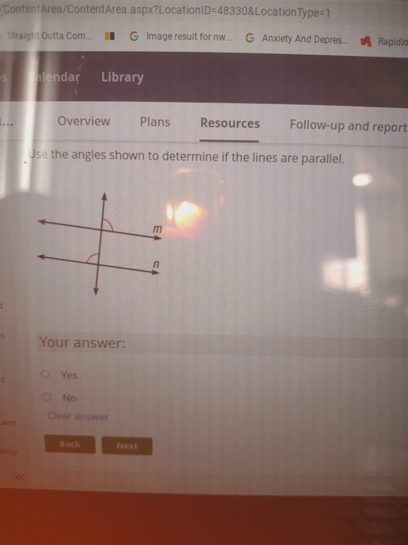 Use the angle shown to determine if the line are parallel-example-1