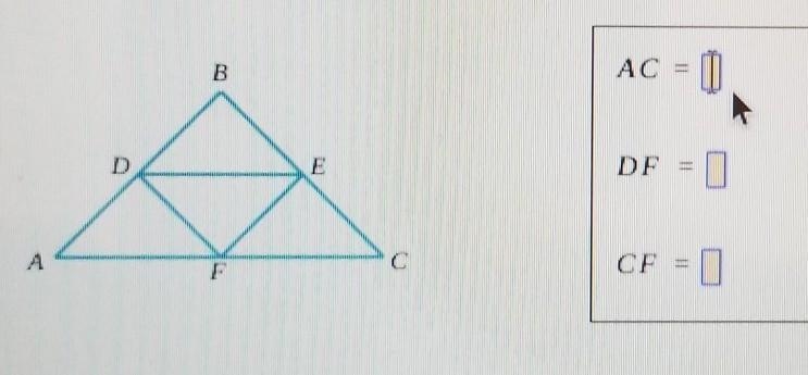 in the figure below, points D, E, and F are the midpoints of the sides of ABC. suppose-example-1