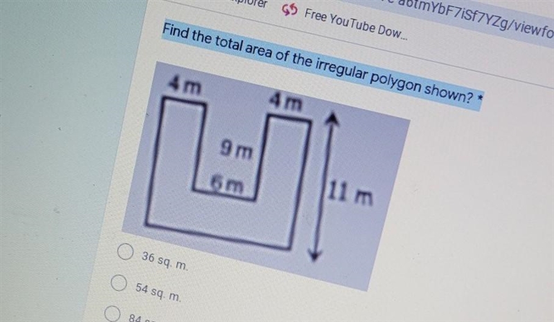 Find the total area of the irregular polygon shown? * m 11 m 36 sqm 84 sq.m 88 sqm-example-1