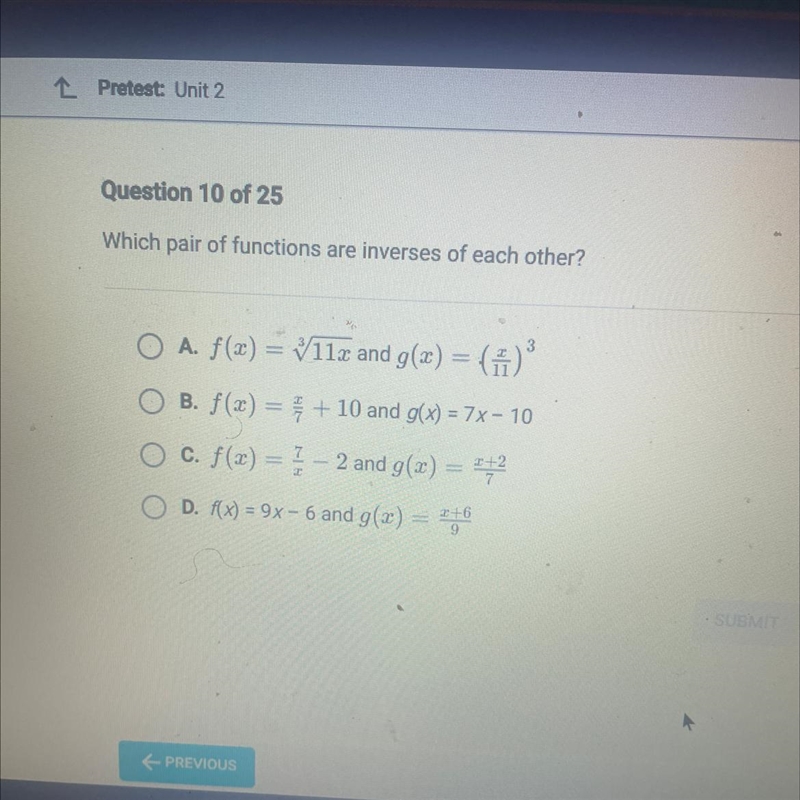 Question 10 of 25 Which pair of functions are inverses of each other?-example-1