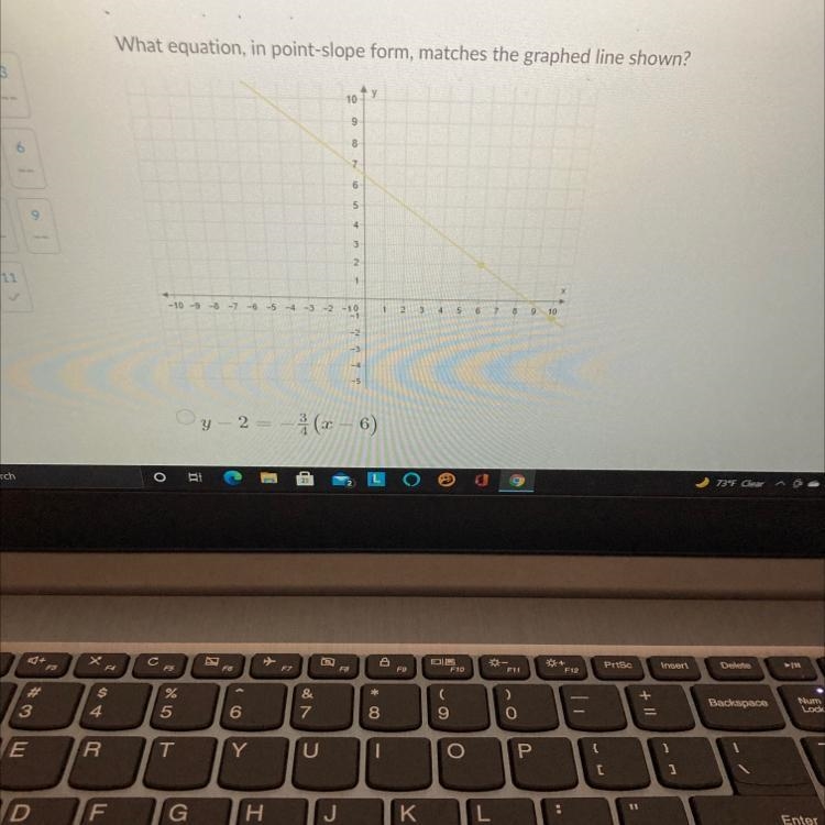 the answer choices did not fit in the picture so here they are. A: y - 2 = - 3/4 (x-example-1