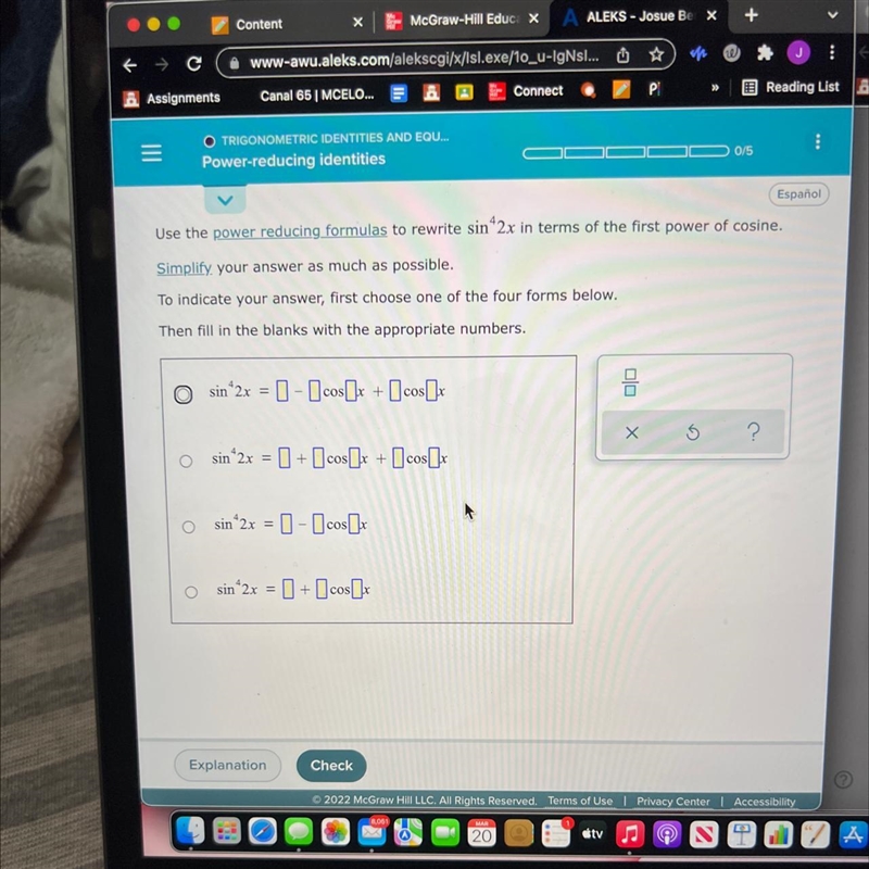 Use the power reducing formulas to rewrite the following identity in terms of the-example-1