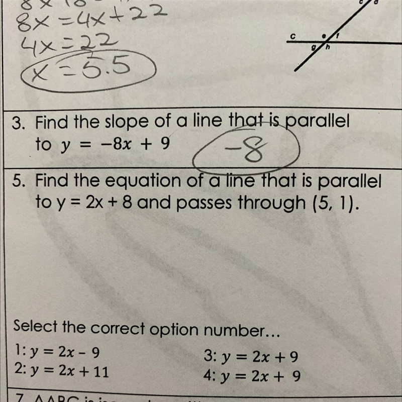 5. Find the equation of a line that is parallel to y = 2x + 8 and passes through (5, 1).-example-1