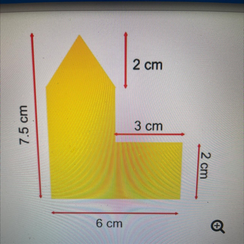 Calculate the perimeter and area of this shape. Perimeter = Area = 7.5 cm 6 cm 2 cm-example-1