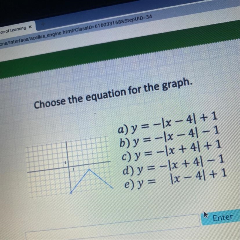 Choose the equation for the graph.a) y = -x - 4 + 1b) y = -x-41-1c) y = -x + 4 + 1d-example-1