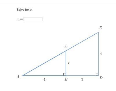 Solve similar triangles: Solve for x.-example-1