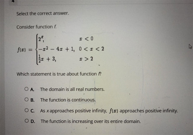 select the correct answer. Consider the function f. Which statement is true about-example-1