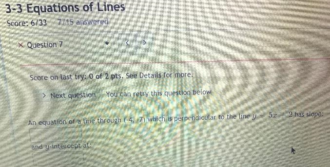 An equation of a line through (-4,-7) which is perpendicular to the line y = 5x +2-example-1