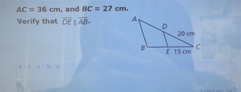 AC = 36 cm, and BC = 27 cm.Verify that DE || AB-example-1